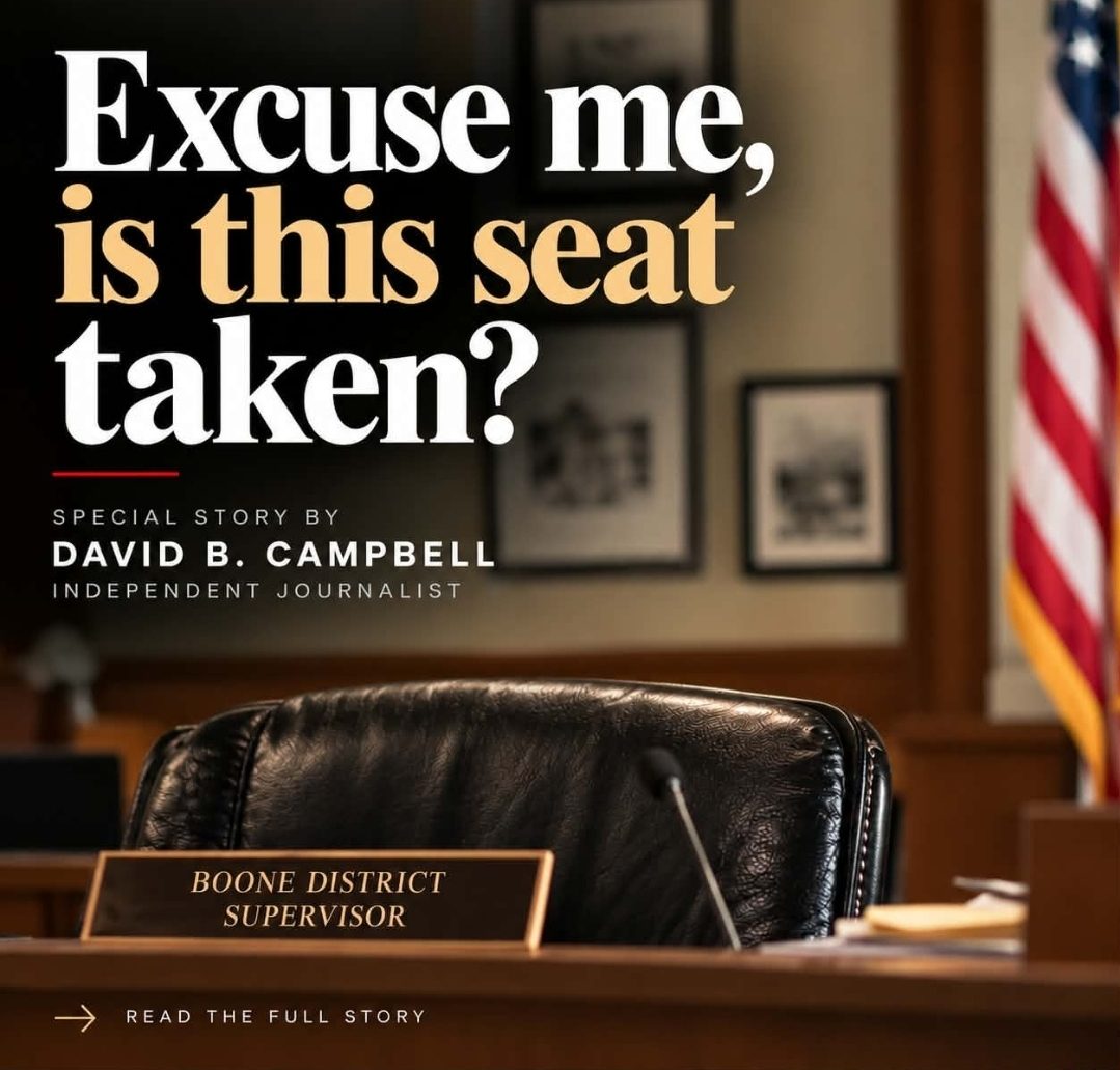 Excuse me, is this seat taken? An empty Boone District Supervisor chair in the board room. Special story by David B. Campbell, independent journalist.